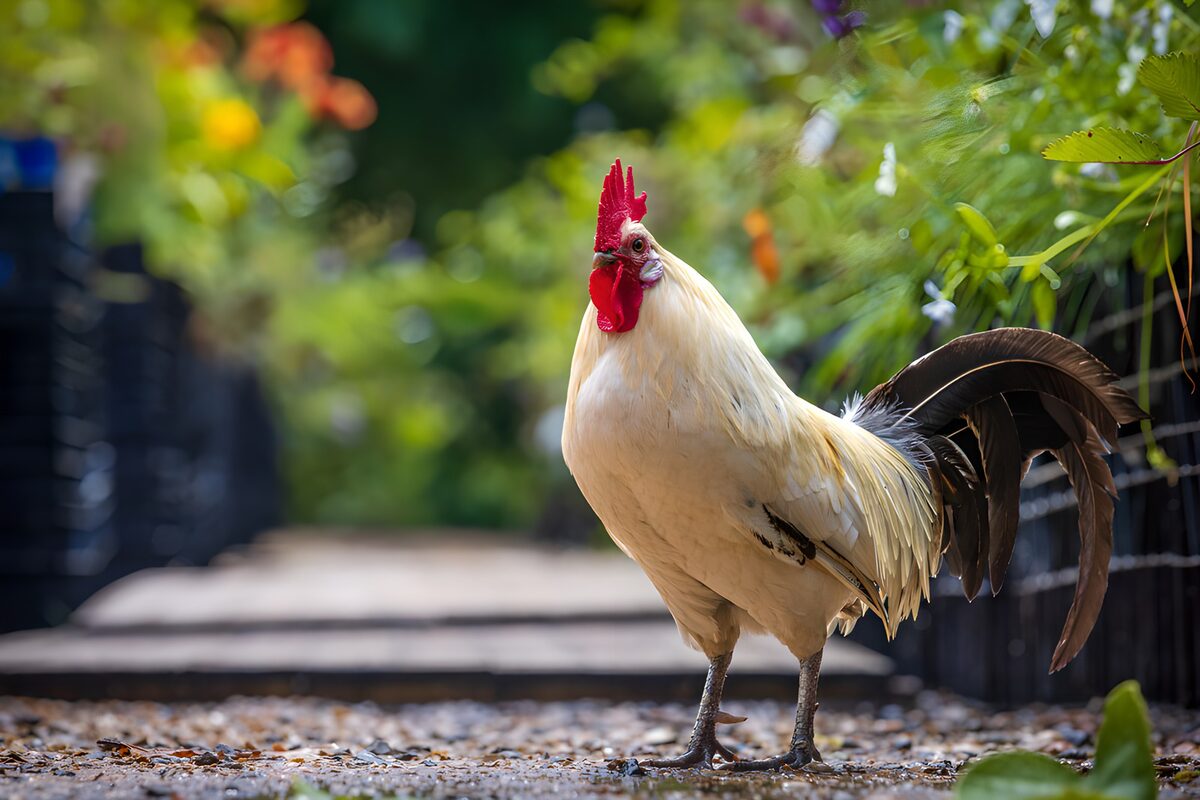 Gallo blanco en un jardín frondoso