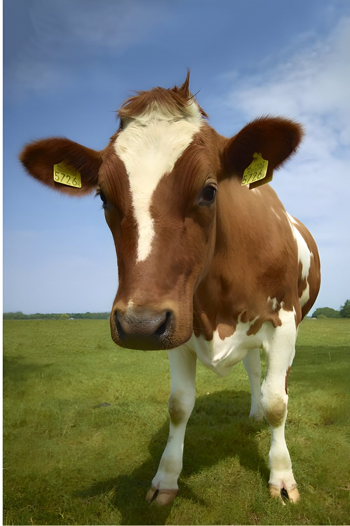 TPES58462: Vaca marrón y blanca al sol, de cerca
