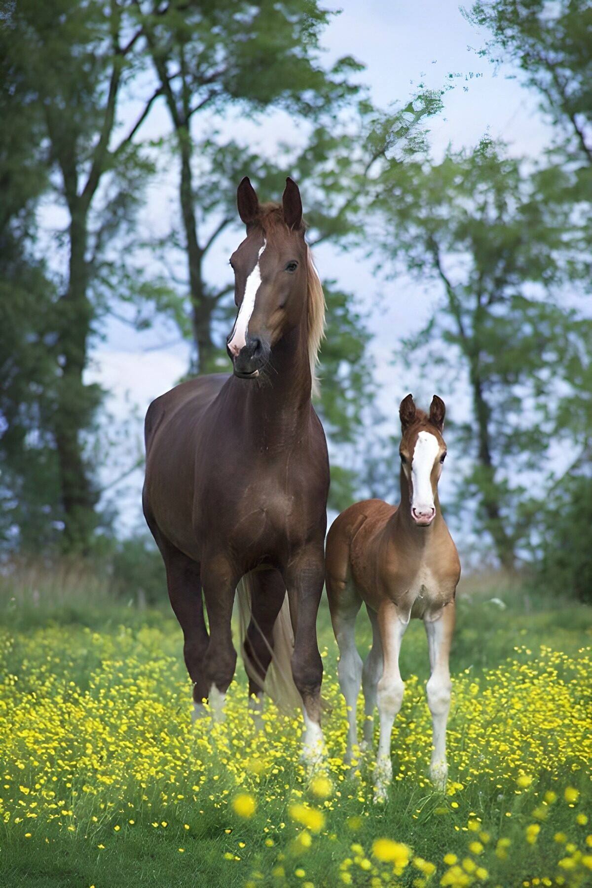 Caballo y potro entre flores amarillas