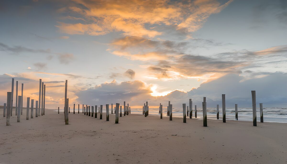TPES75799: Playa con postes de madera al atardecer