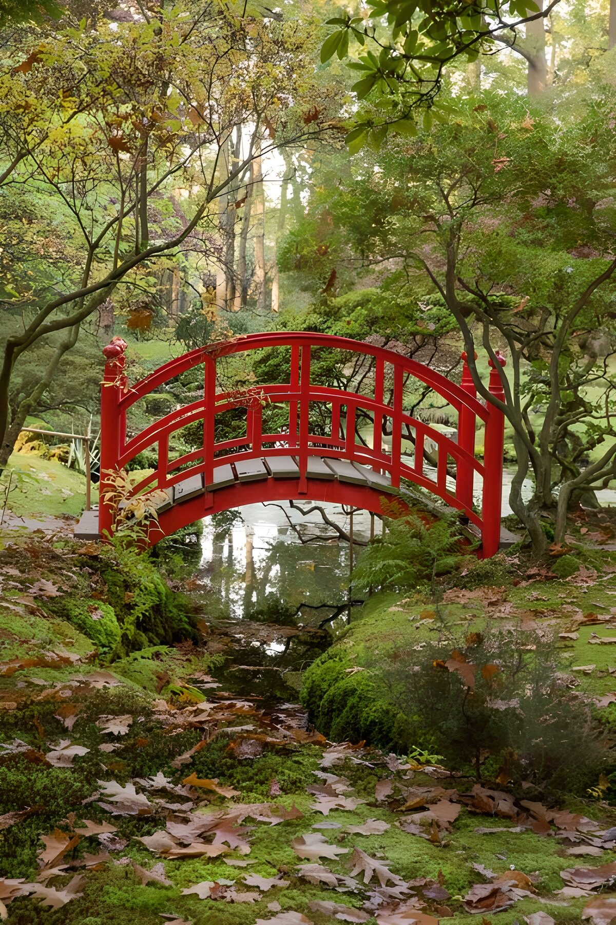 TPES94732: Puente rojo entre árboles y agua