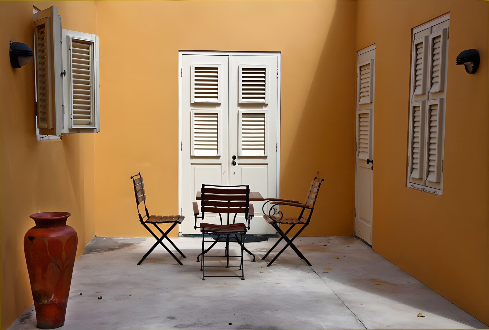 TPES57037: Patio amarillo con sillas y mesa al sol