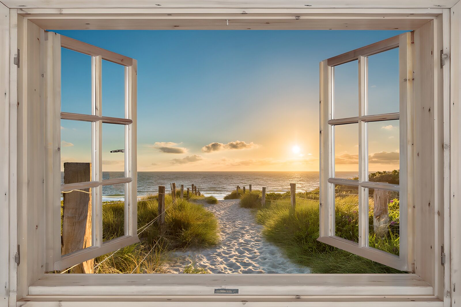 TPES76804: Ventana abierta a la playa al atardecer