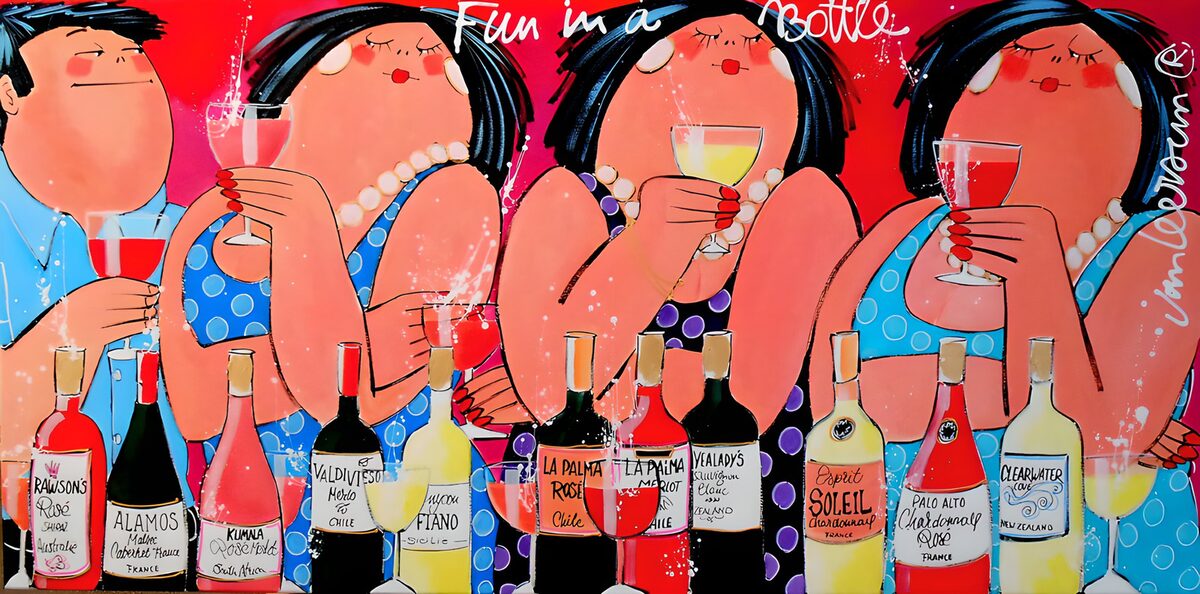 Tres mujeres, un hombre y mucho vino