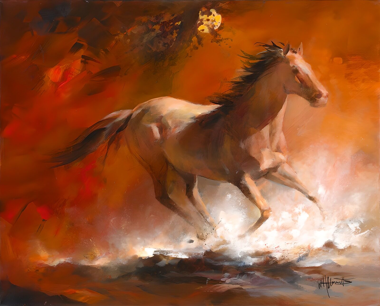 TPES66301: Caballo marrón y blanco a pleno galope