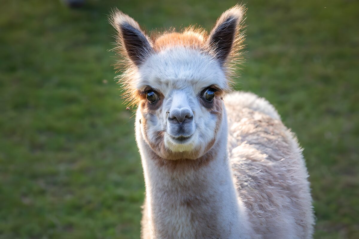 Alpaca blanca de mirada curiosa