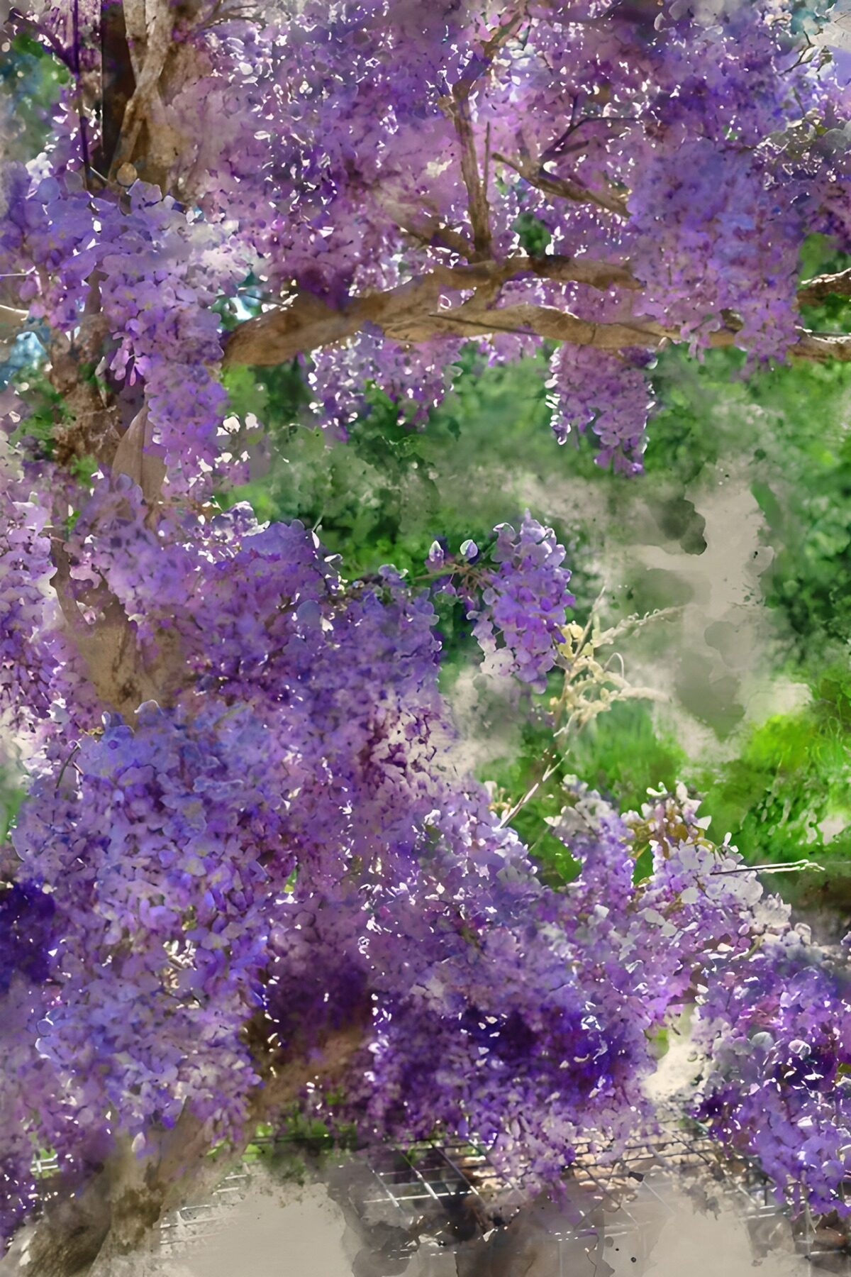 Glicina en flor entre verdes suaves