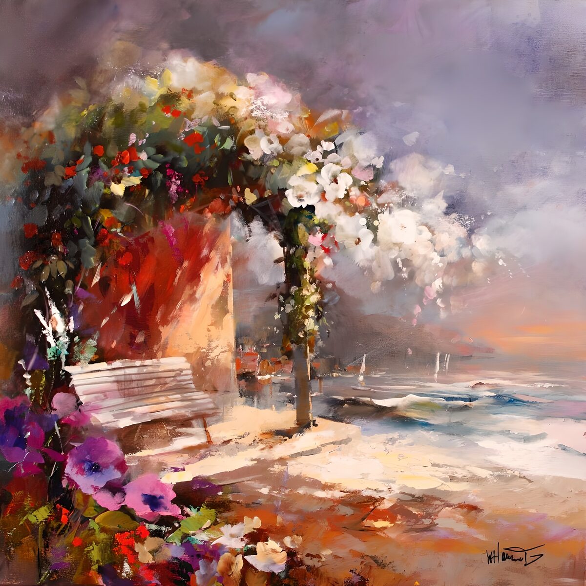 Banco rosa bajo un arco de flores junto al mar