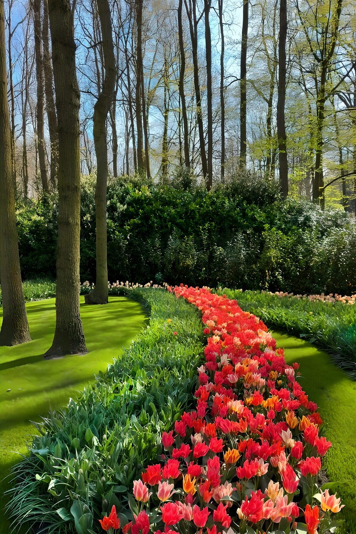 Tulipanes entre árboles y césped al sol