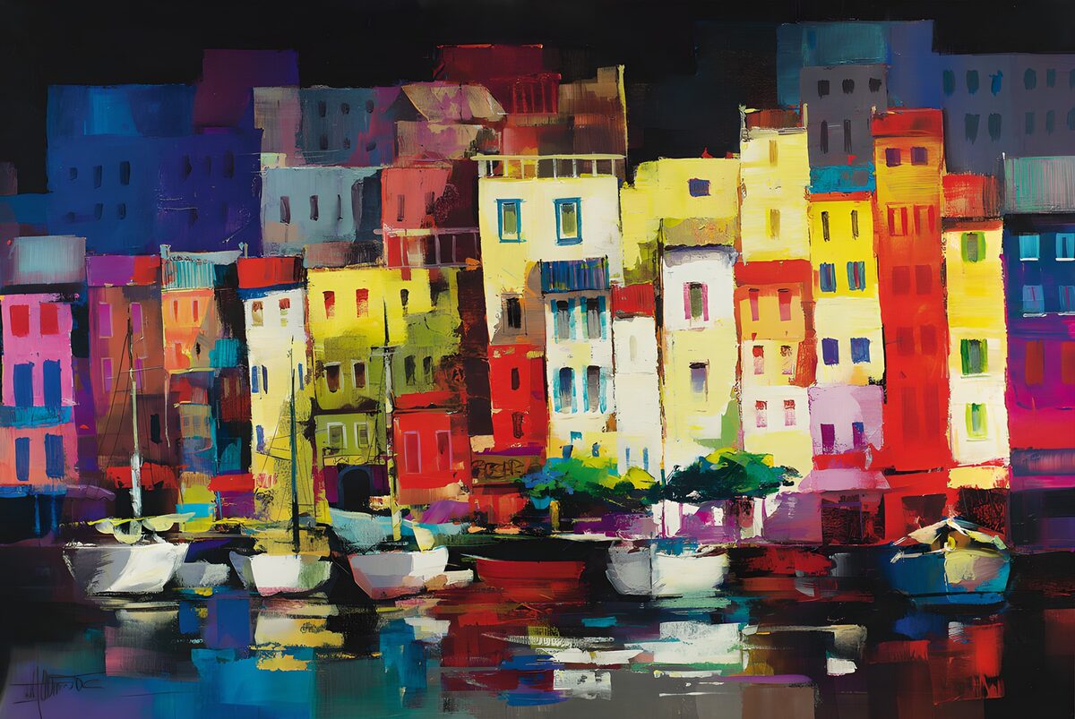 Casas de colores y barcos al anochecer
