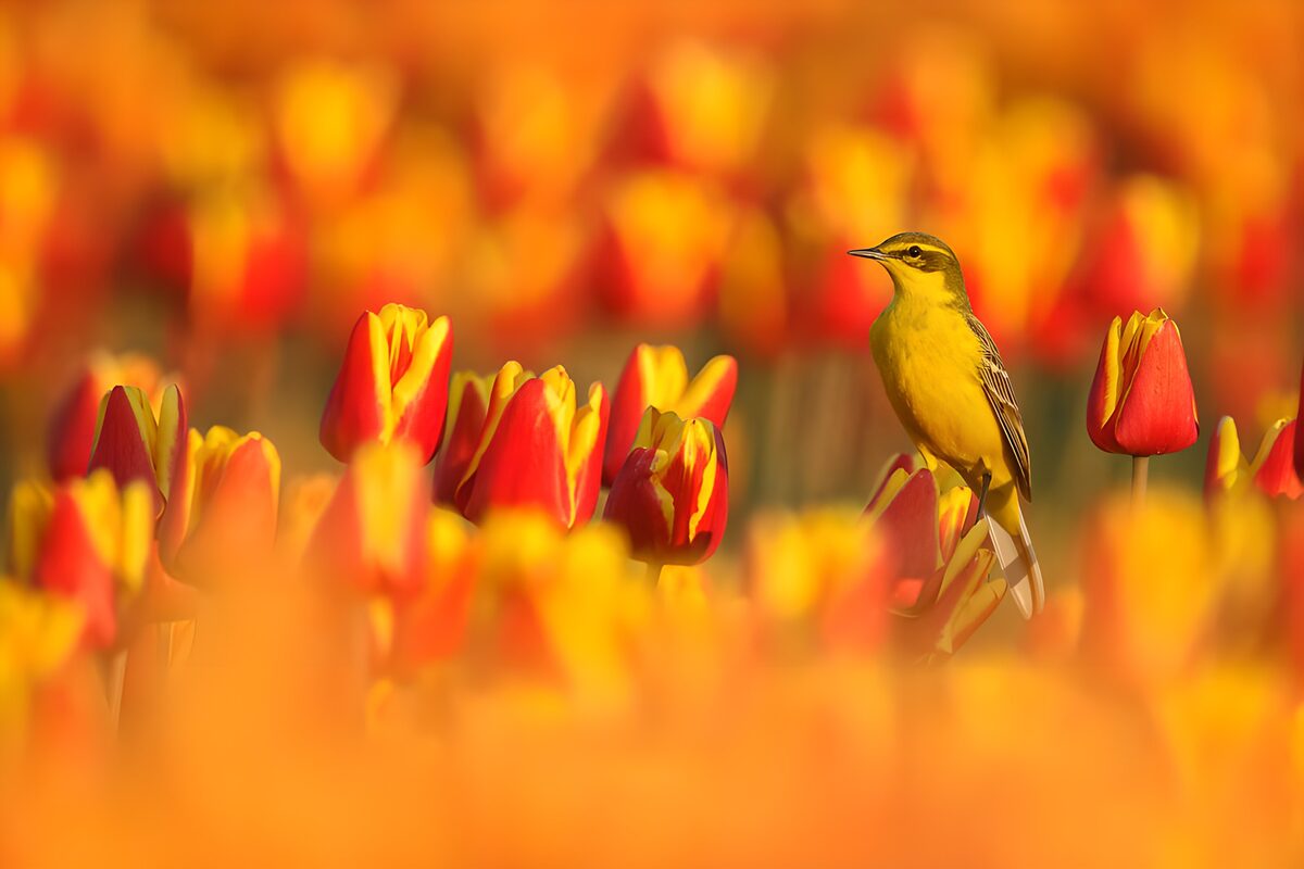 TPES58972: Lavandera boyera entre tulipanes rojos