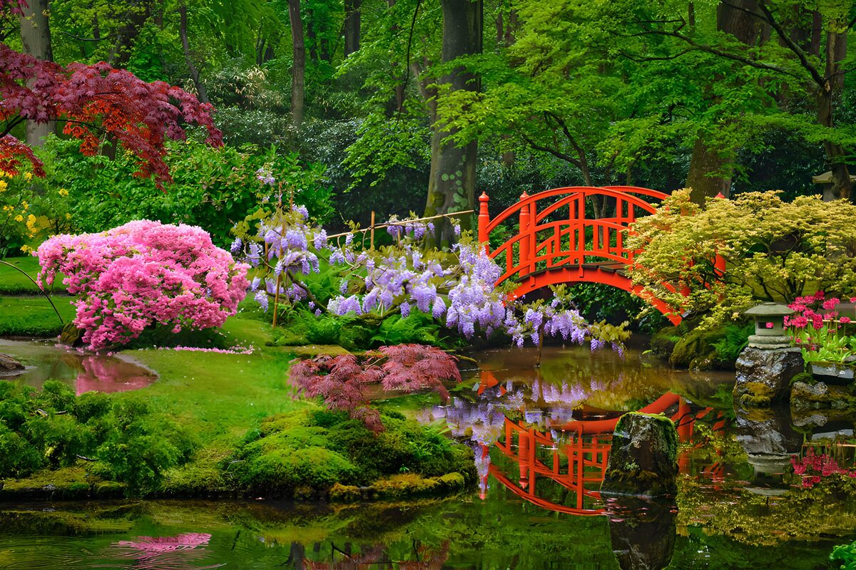 Puente rojo en un jardín en flor