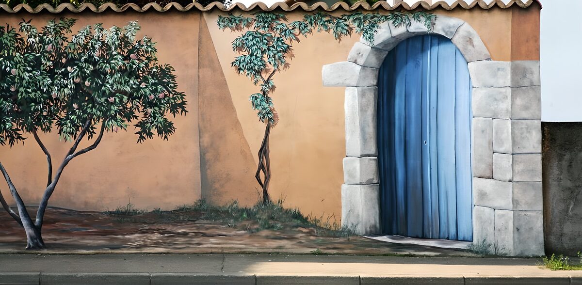 Puerta azul entre árboles pintados