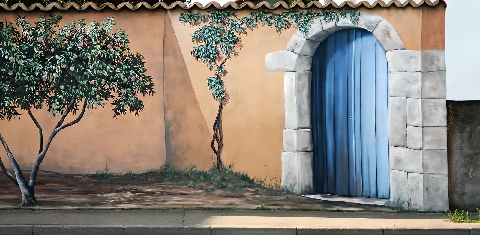 TPES64264: Puerta azul entre árboles pintados