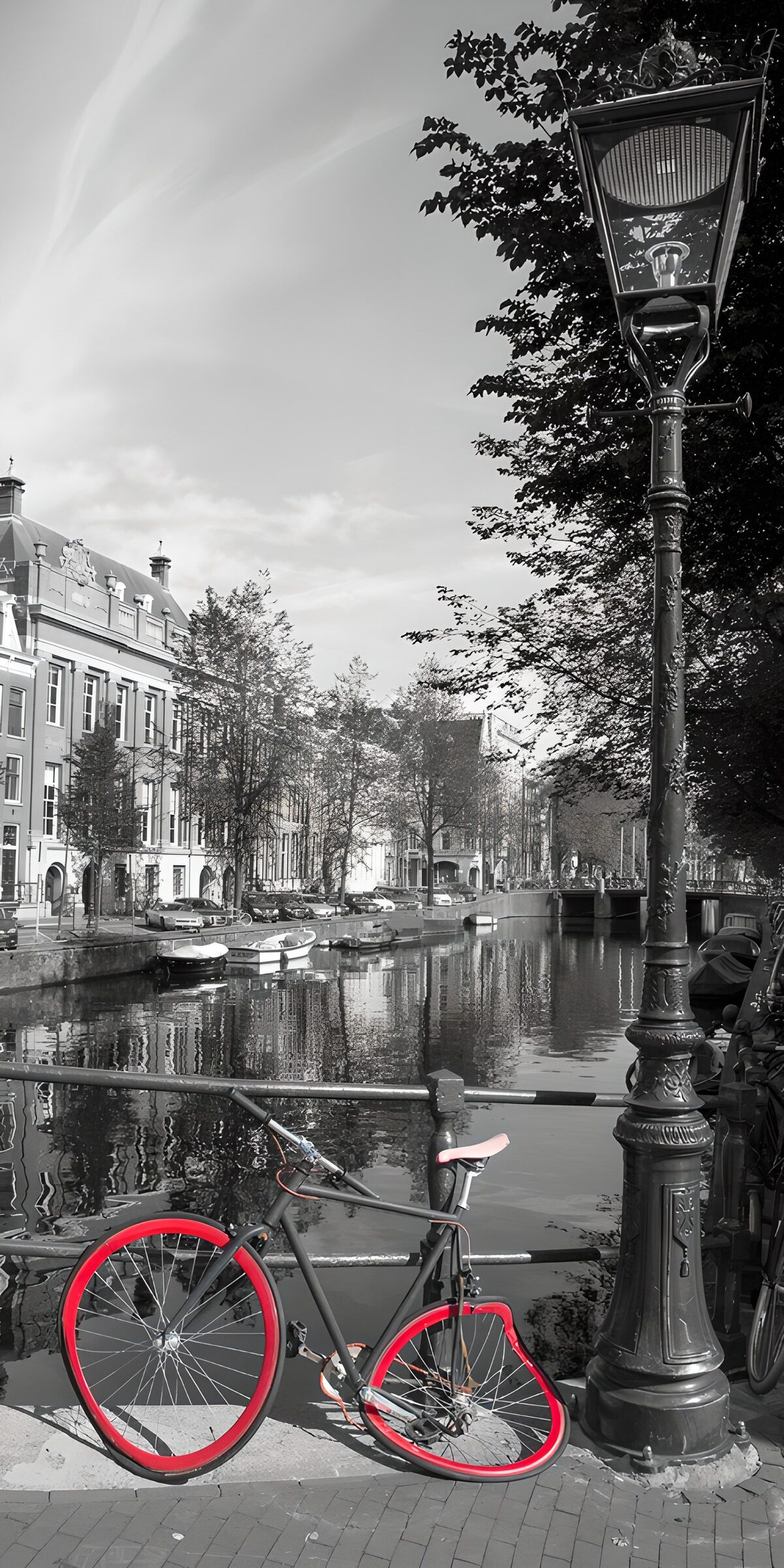 TPES37697: Bicicleta de llantas rojas junto al canal