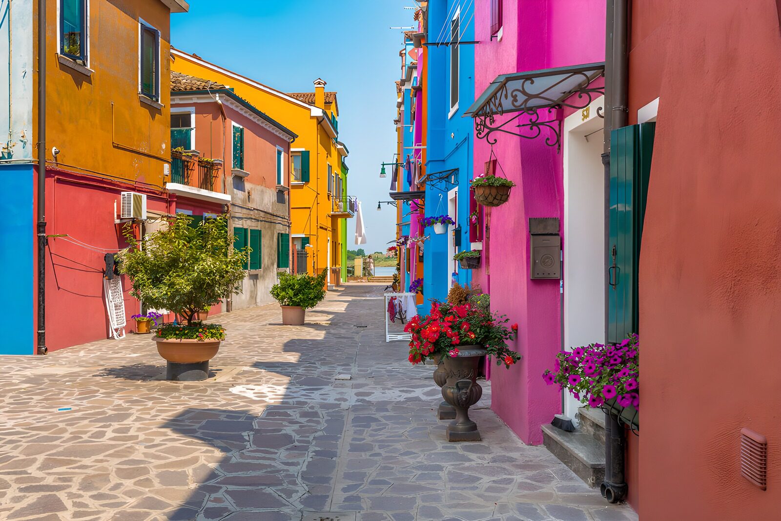 TPES31113: Calle empedrada entre fachadas de colores