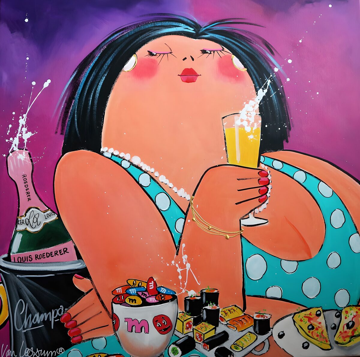 Mujer con champán y vestido de lunares
