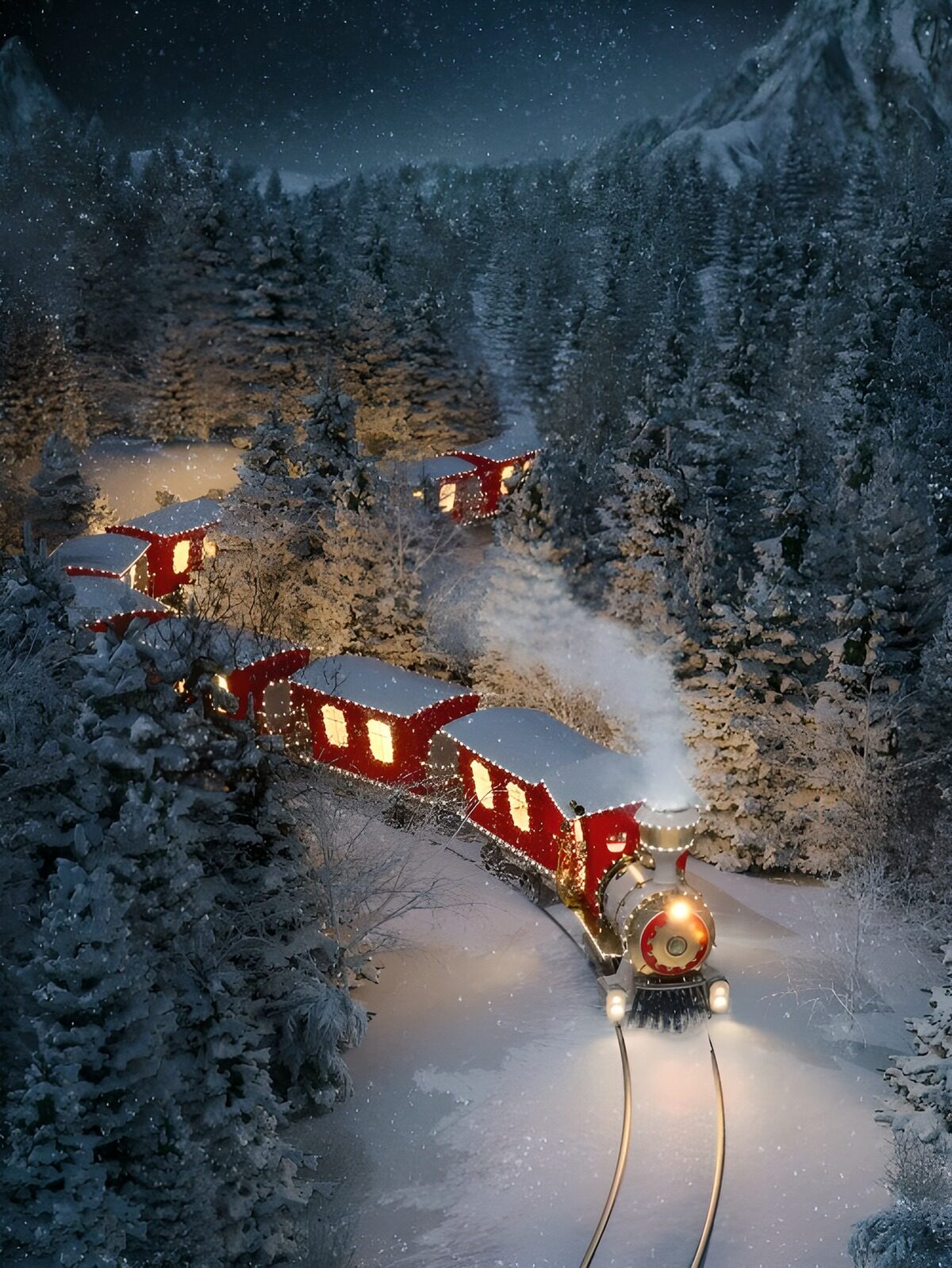 Tren navideño en un bosque nevado