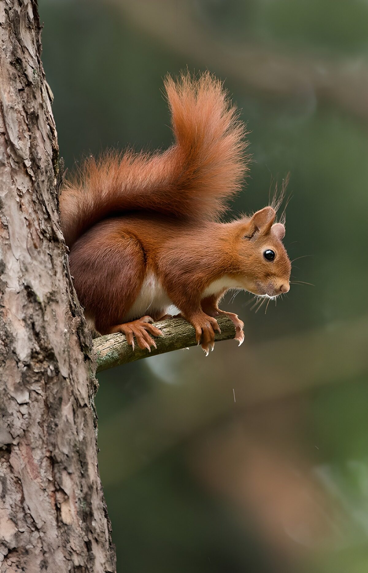 Ardilla roja en una rama, alerta