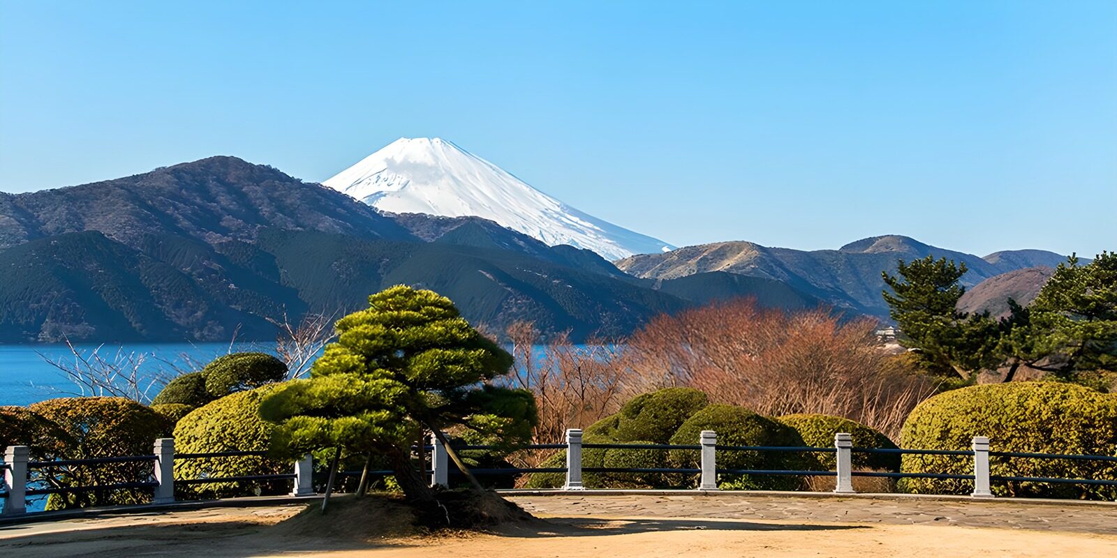 TPES22714: Fuji nevado, lago azul y jardín