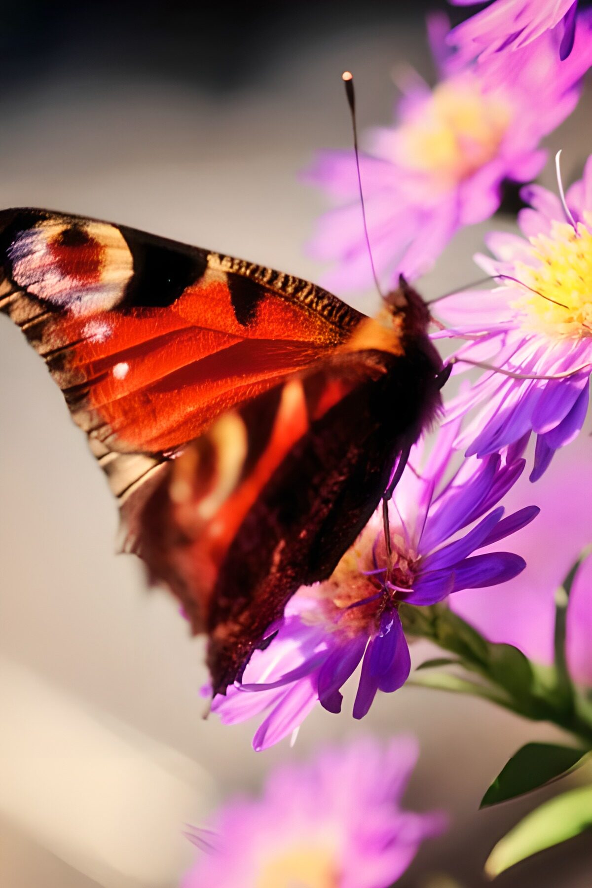 TPES81768: Mariposa pavo real sobre ásteres rosas al sol