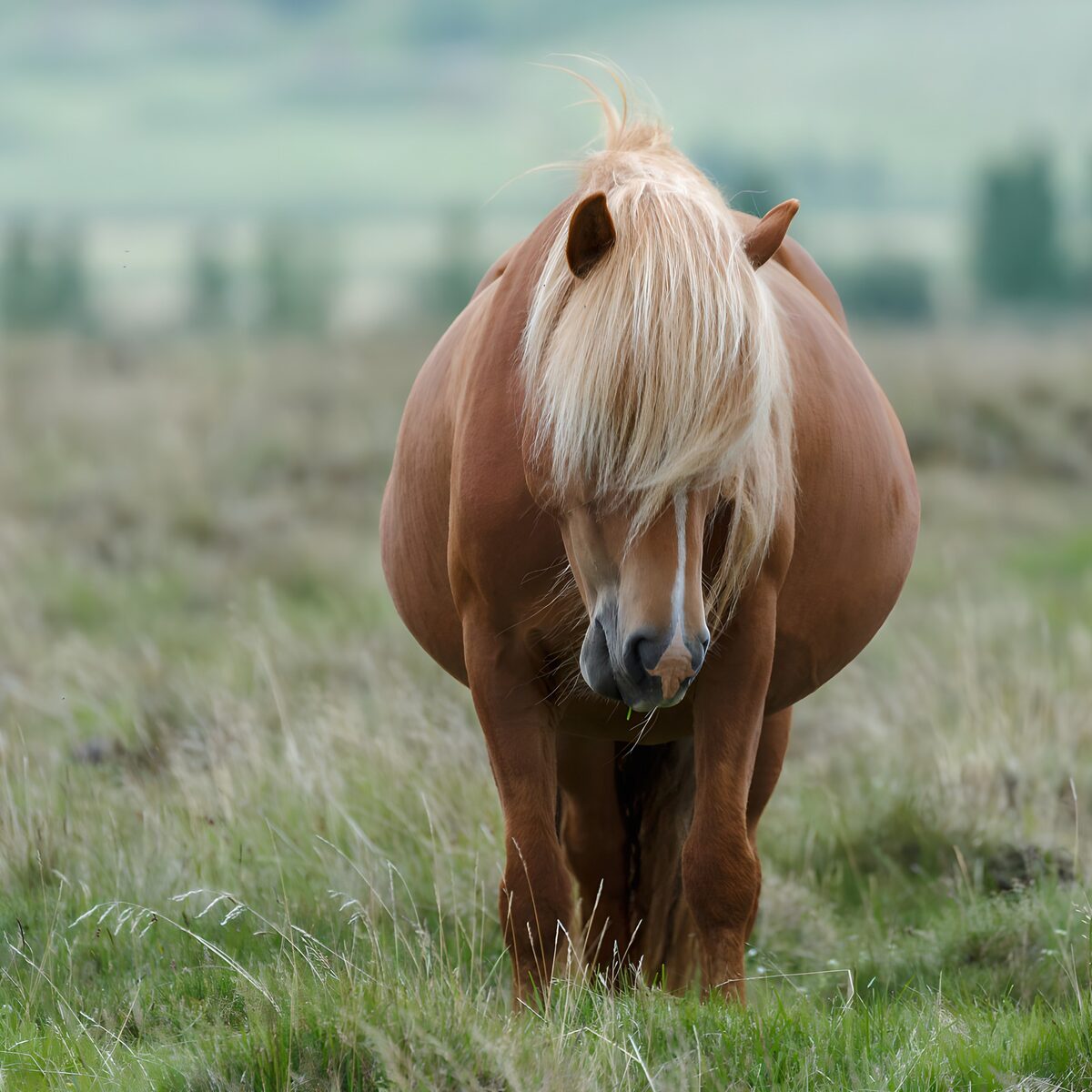 Caballo castaño de larga melena rubia