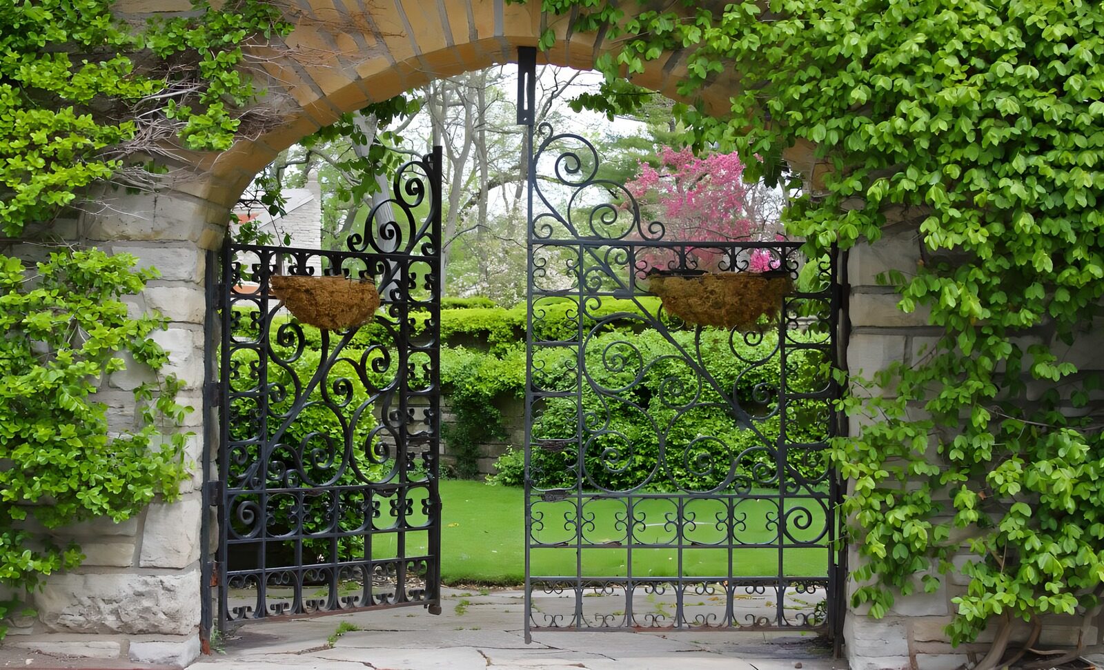 TPES74395: Puerta de forja a un jardín en flor
