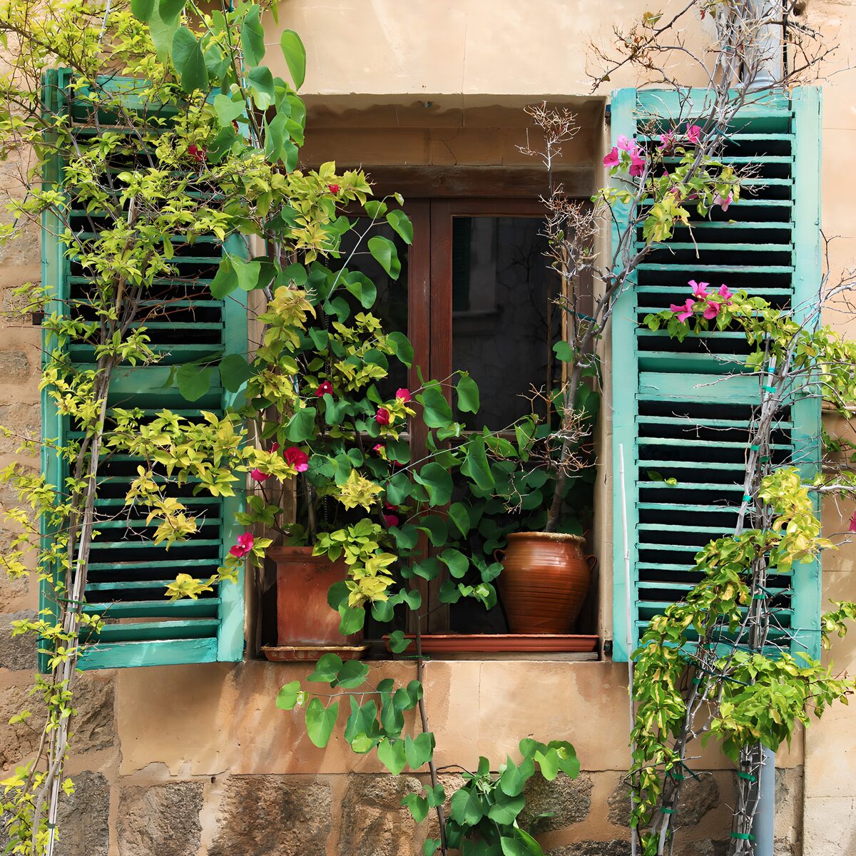 Ventana con contraventanas turquesas