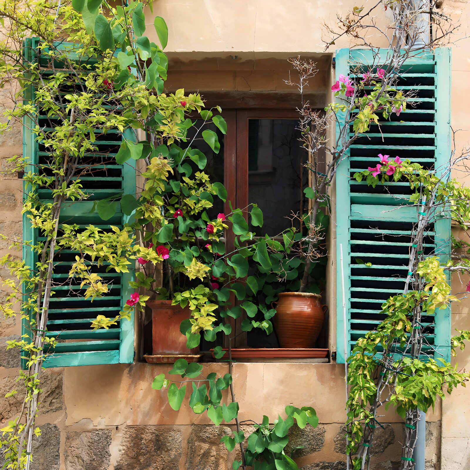 TPES39166: Ventana con contraventanas turquesas