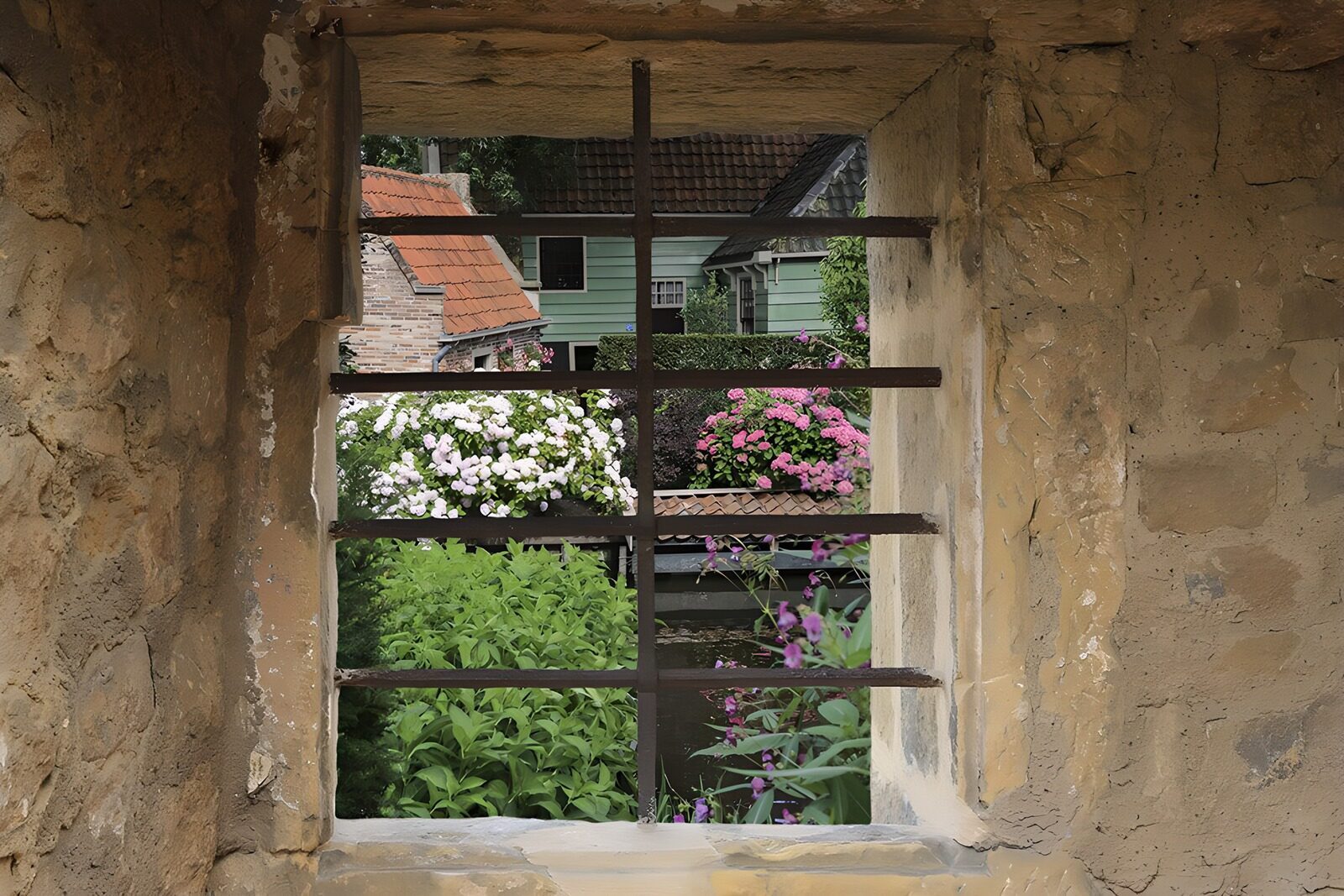 TPES90751: Ventana enrejada a un jardín en flor