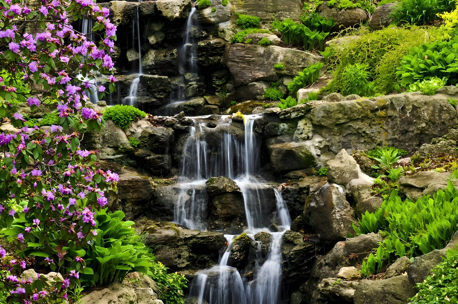TPES42402: Cascada entre rocas y flores rosas
