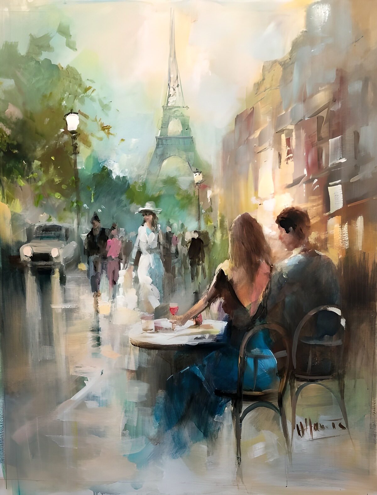 Pareja en una terraza con la torre Eiffel