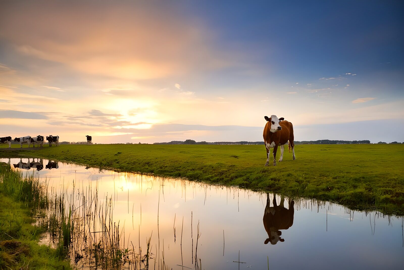 TPES79636: Vacas junto al agua al atardecer