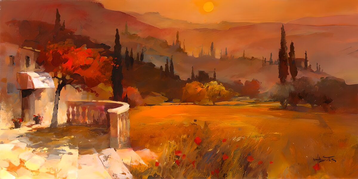Casa y terraza al atardecer naranja