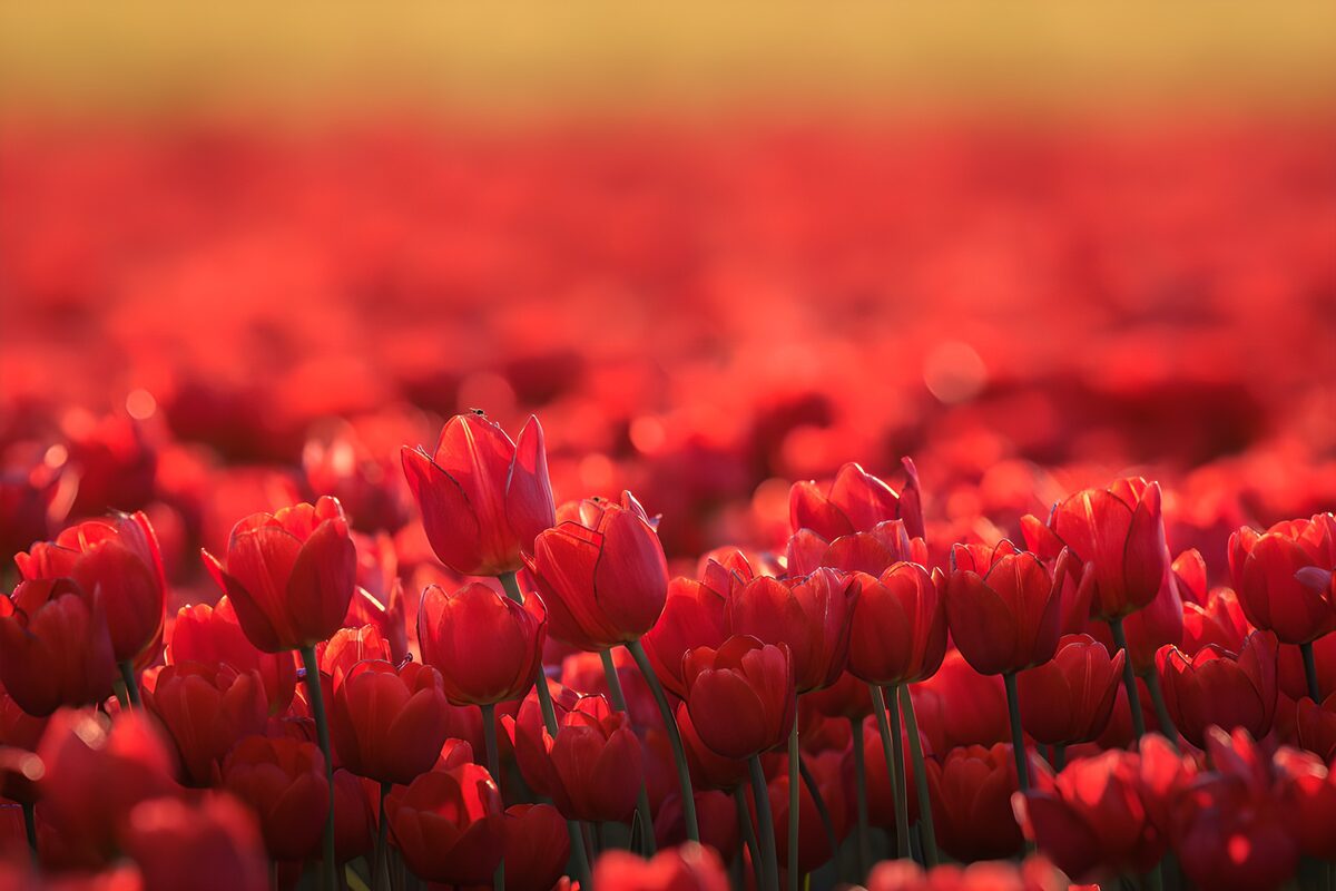 Tulipanes rojos bajo una luz cálida