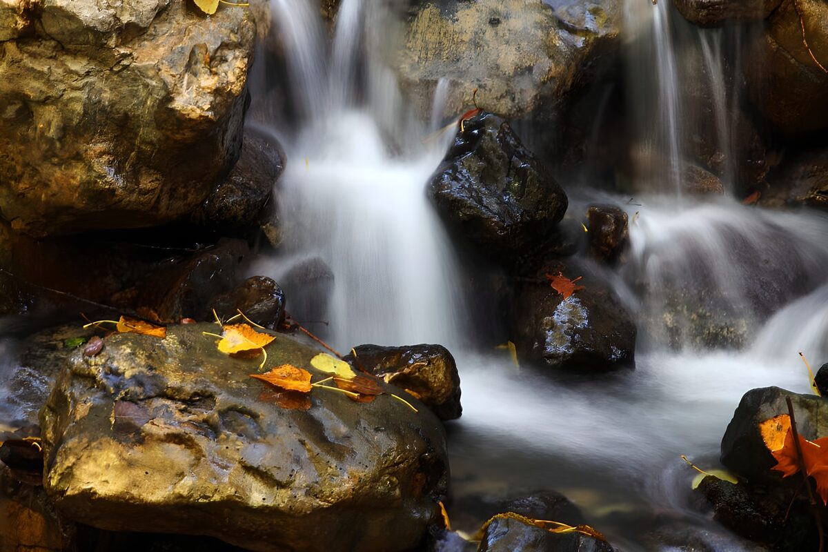 TPES82750: Cascada entre rocas y hojas de otoño