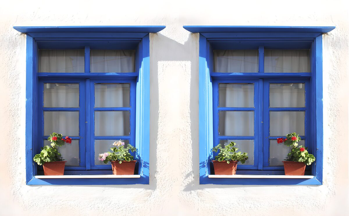 Dos ventanas azules con flores al sol