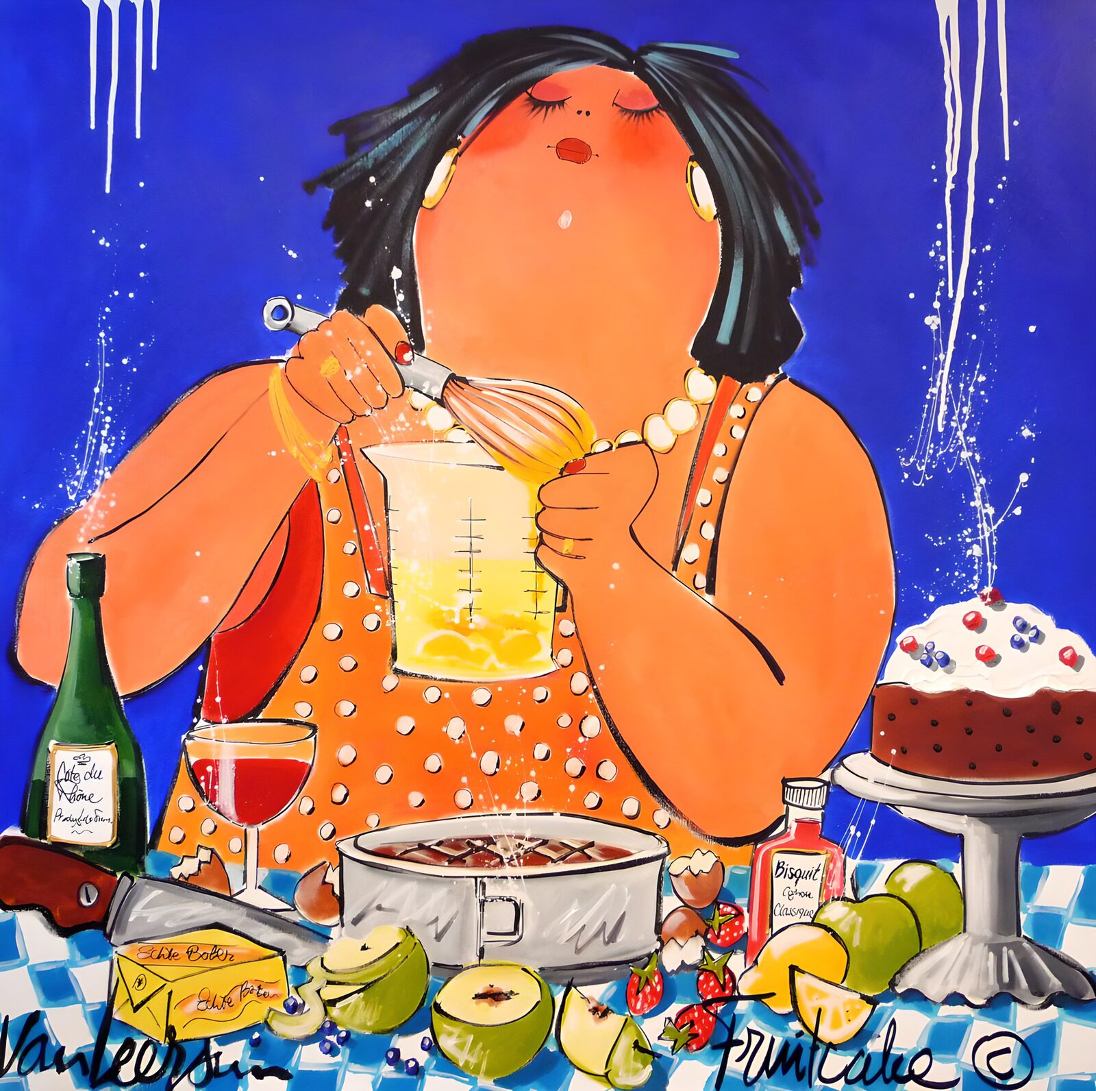 TPES63862: Mujer batiendo entre tartas y fruta