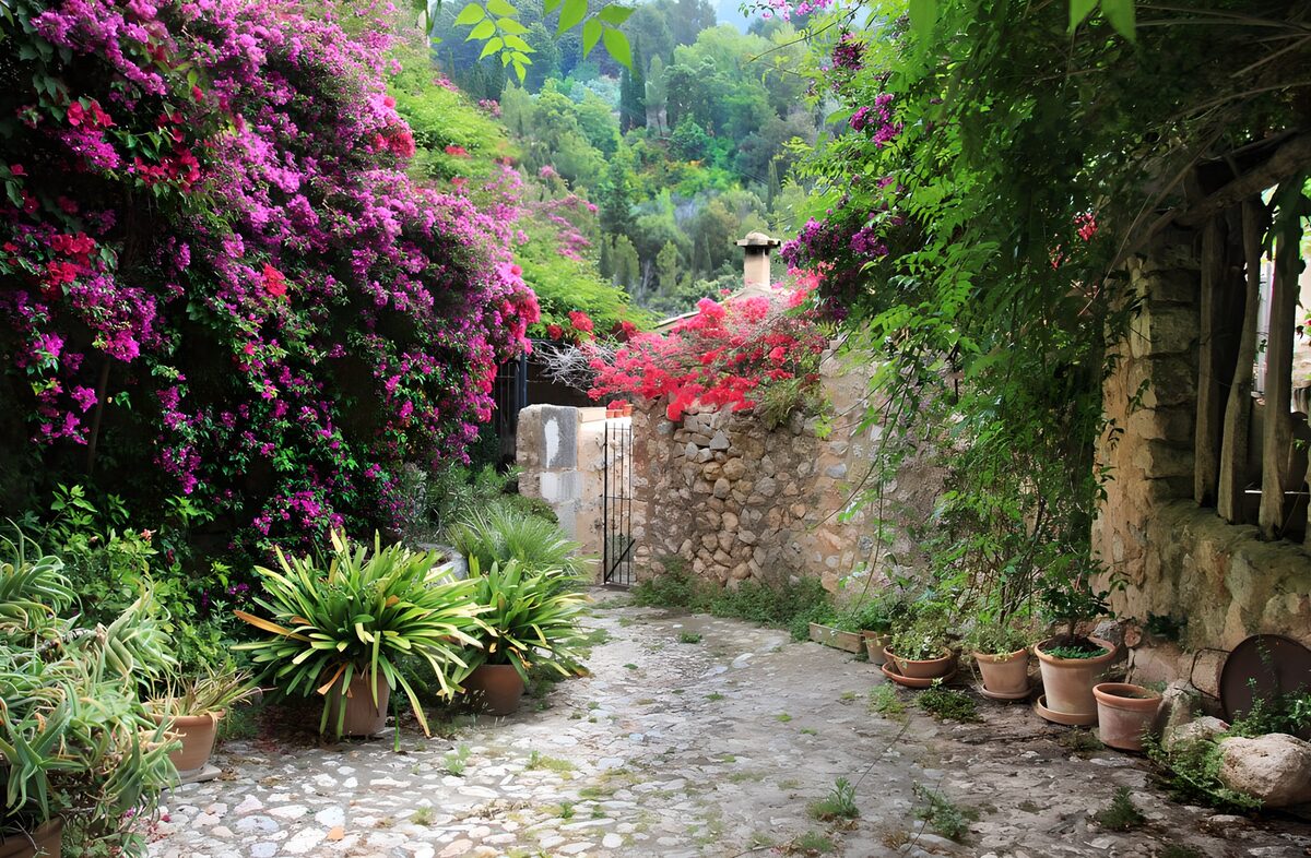 Jardín entre buganvillas y muros de piedra