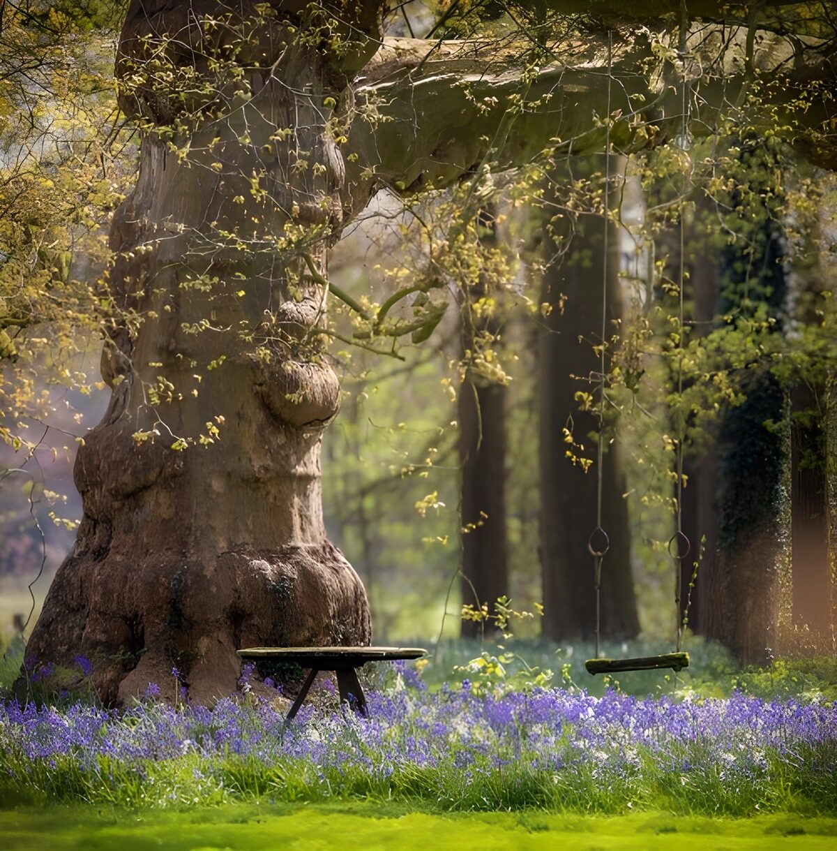 Árbol viejo con banco y columpio
