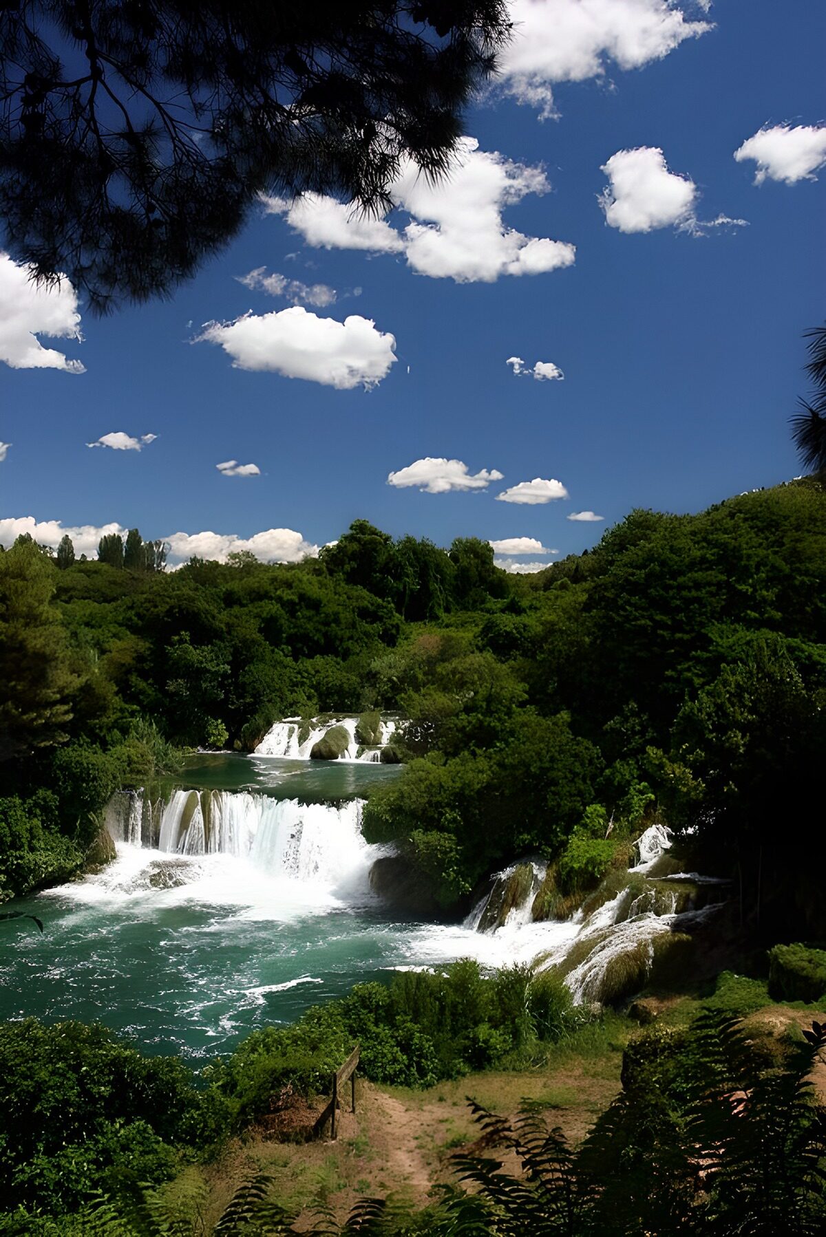 Cascadas y pozas verdes a pleno sol