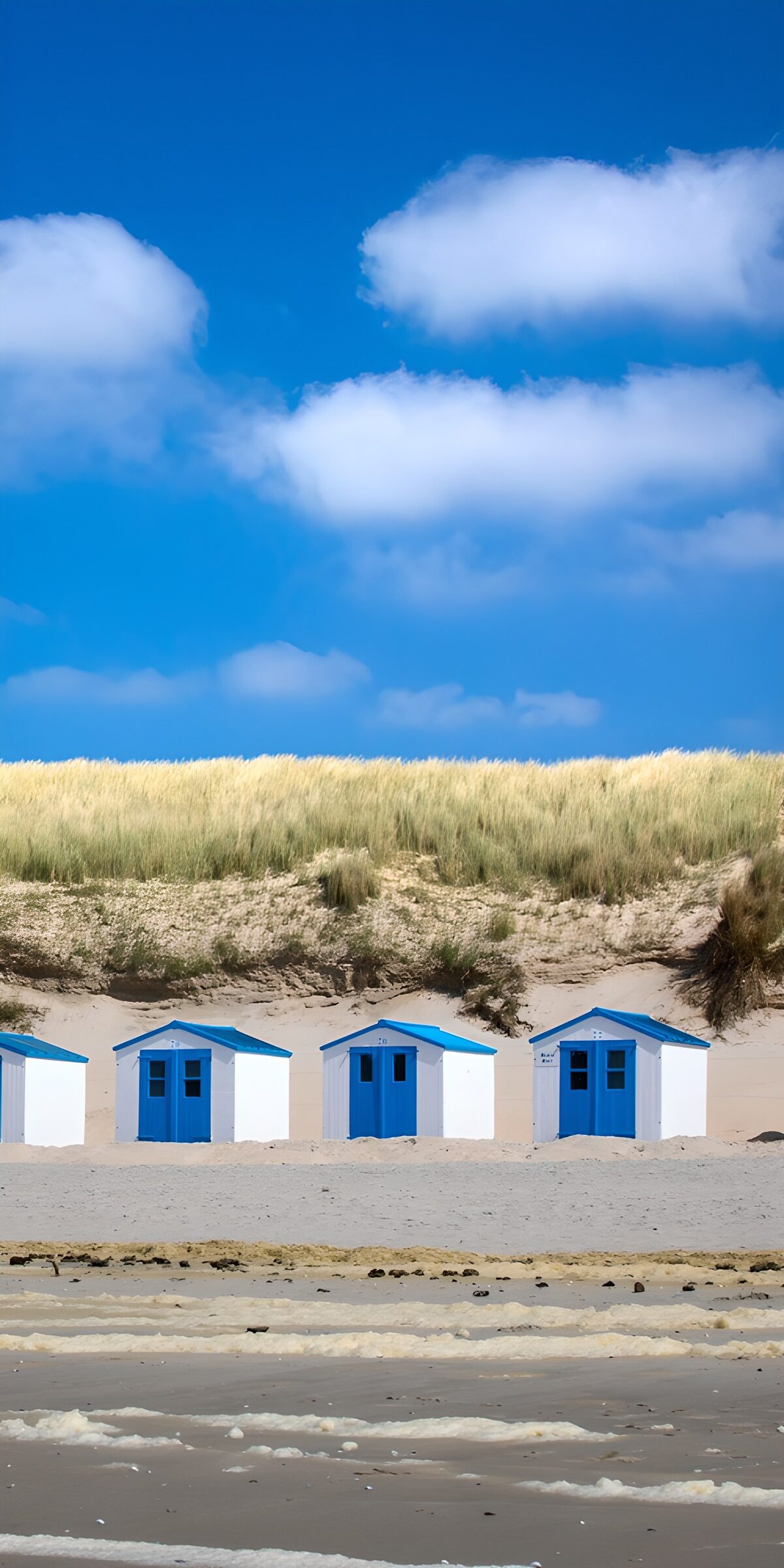 TPES62752: Casetas blancas y azules junto a las dunas