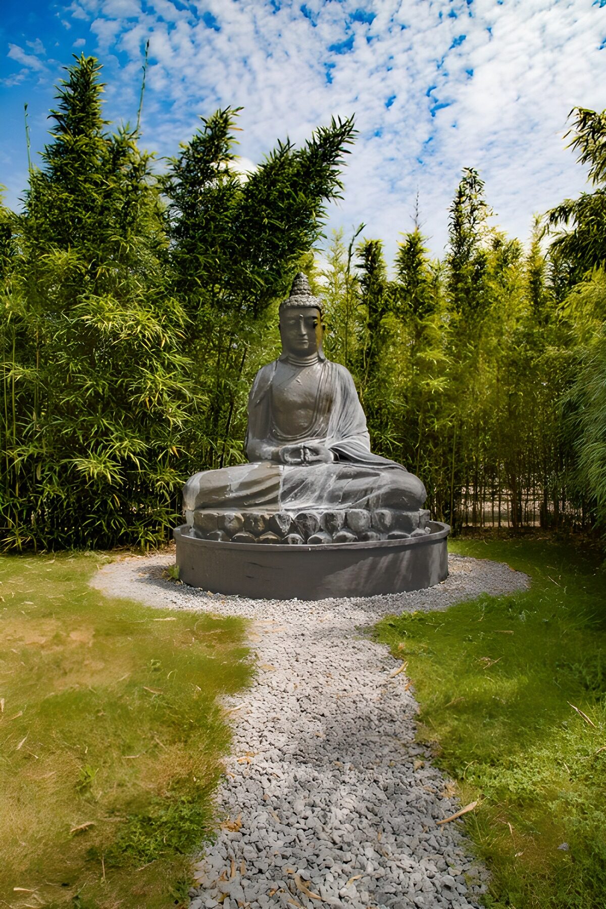 Buda sentado en un jardín de bambú