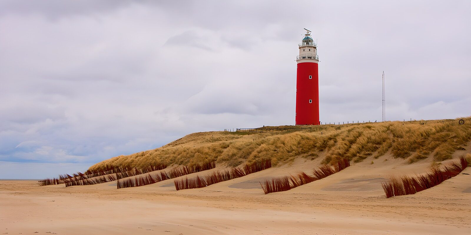 TPES38681: Faro rojo entre dunas bajo un cielo gris