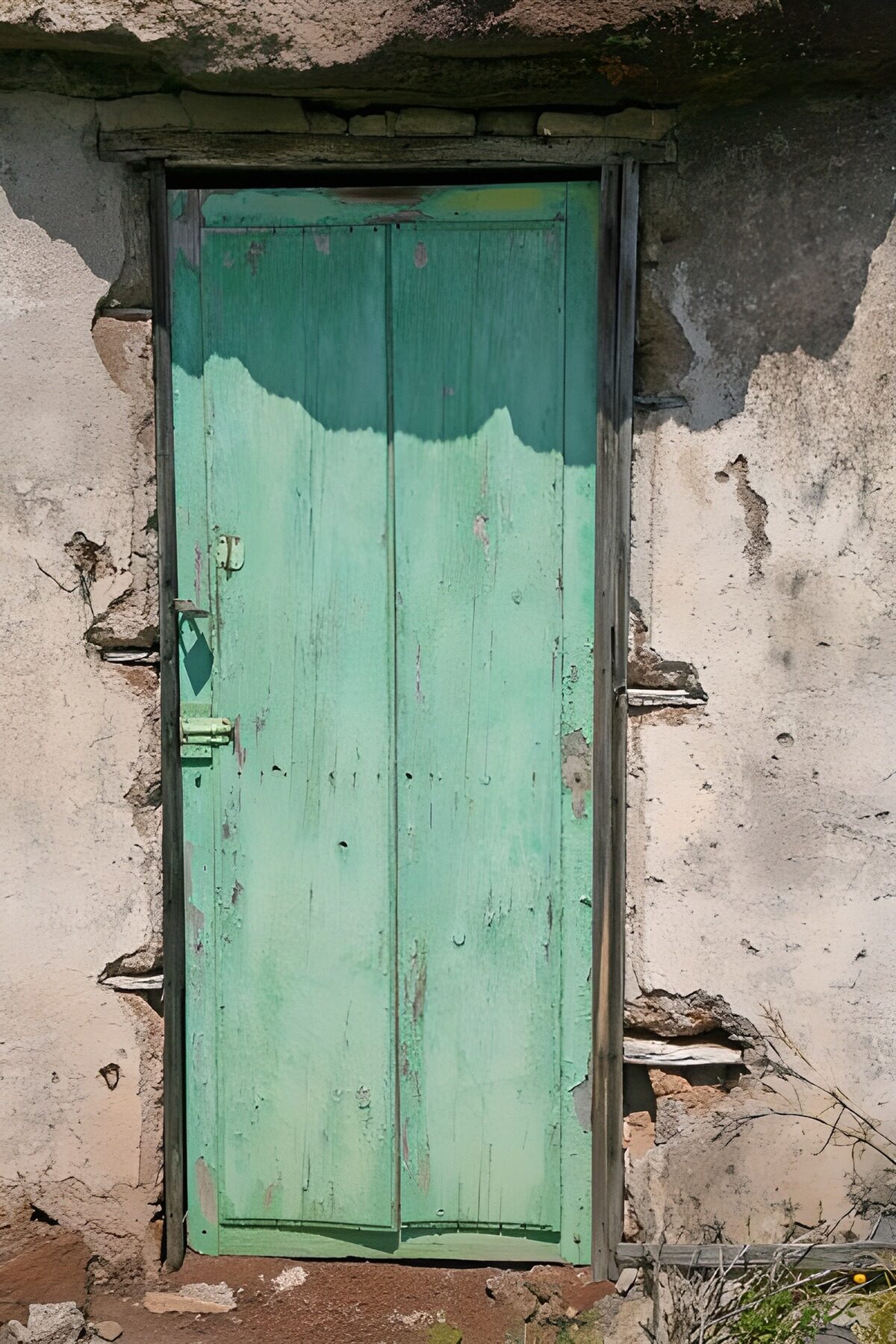 Puerta de madera verde y pared desconchada
