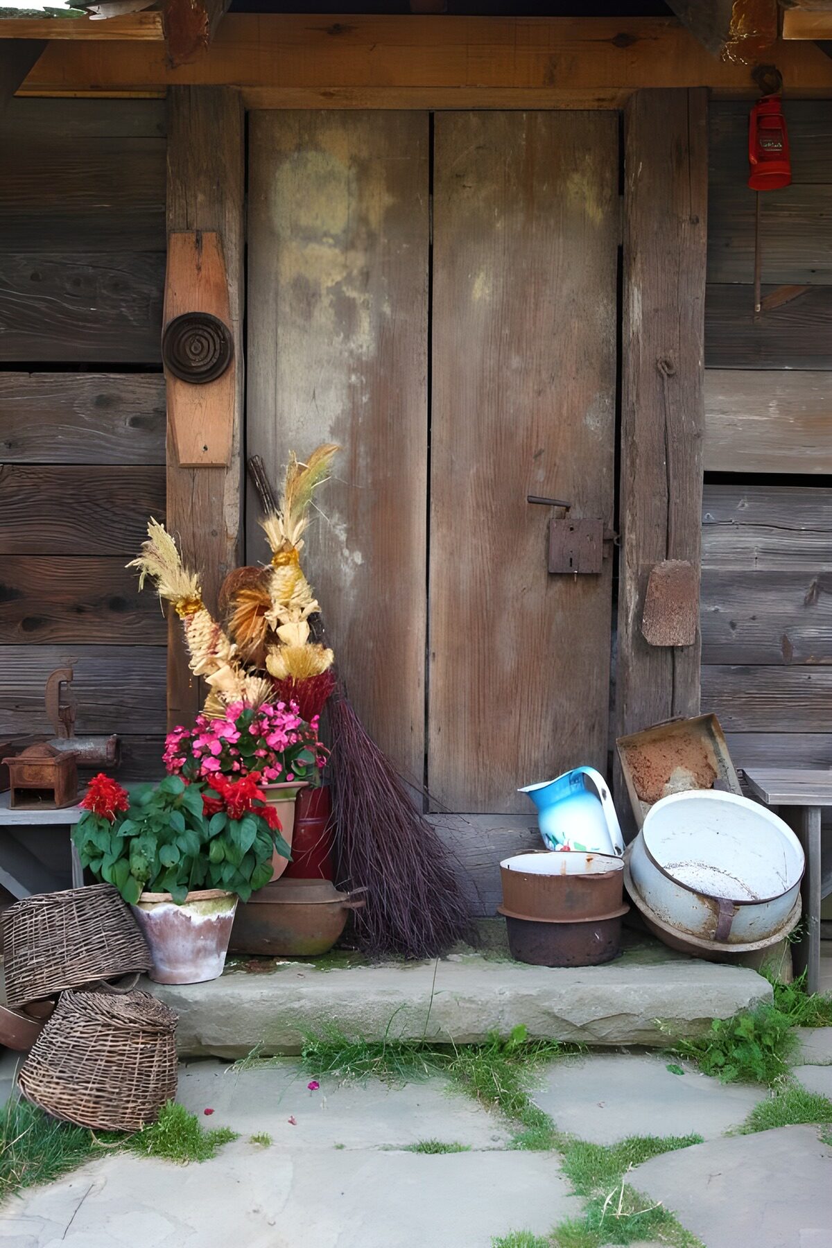 TPES24063: Puerta vieja con flores y cestas