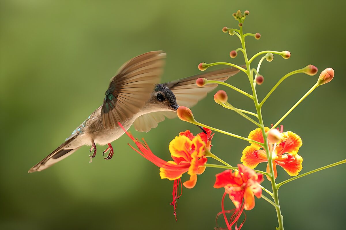 Colibrí en vuelo entre flores de colores
