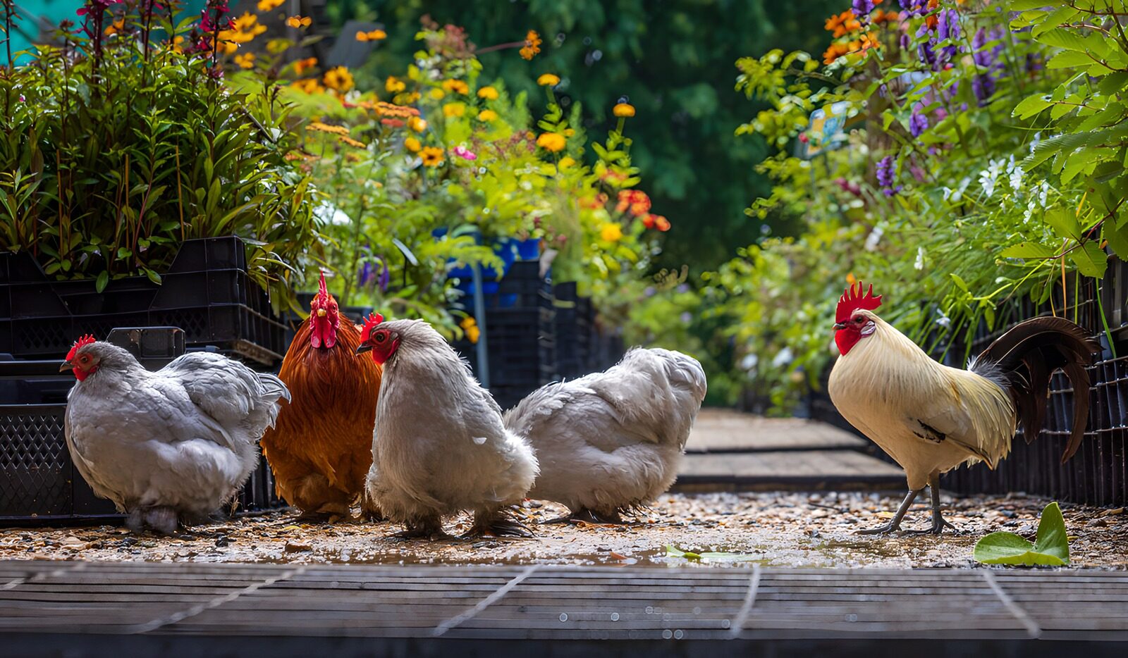 TPES30198: Gallinas y gallo entre flores al sol