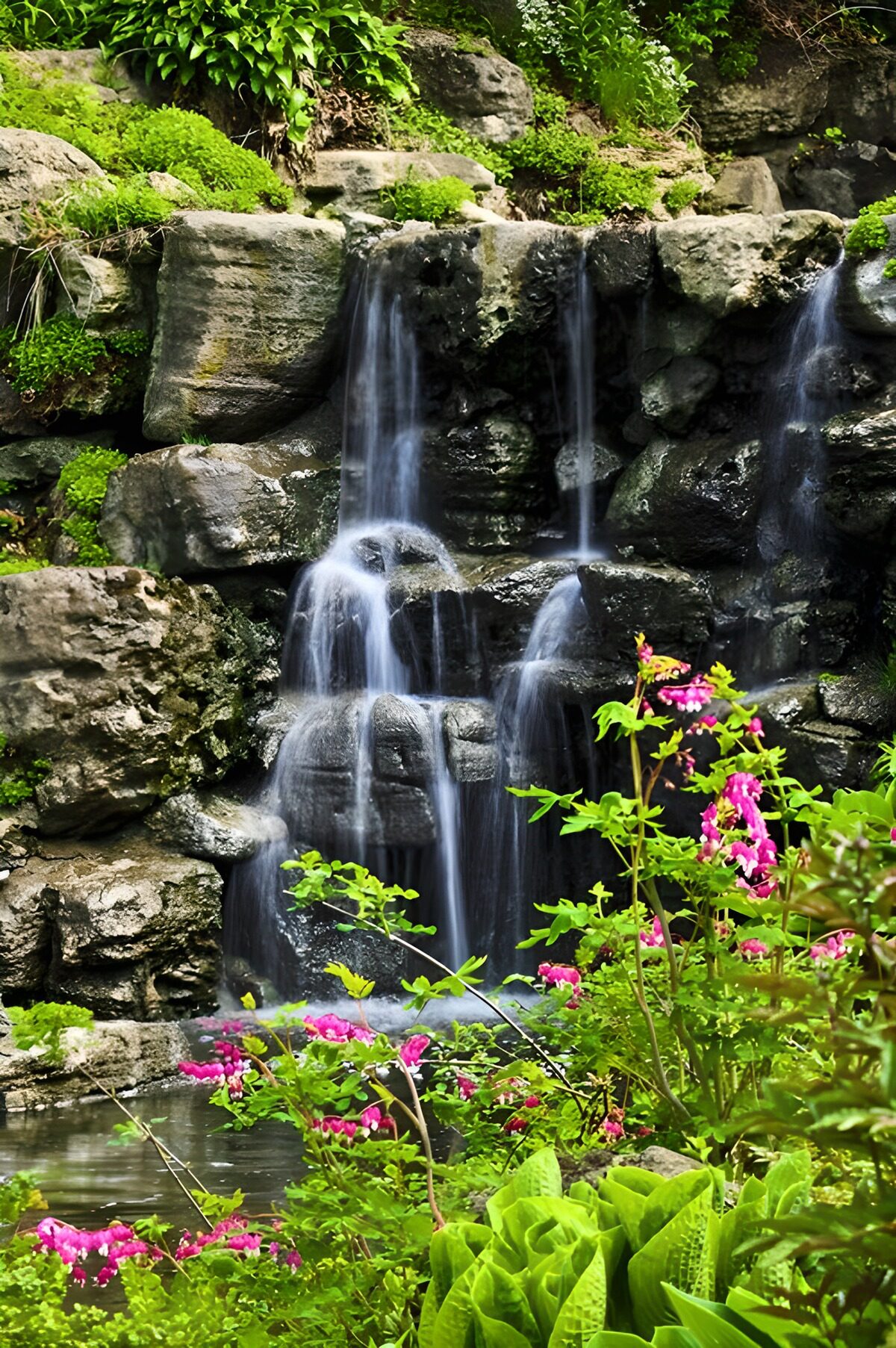 Cascada entre rocas y flores al sol