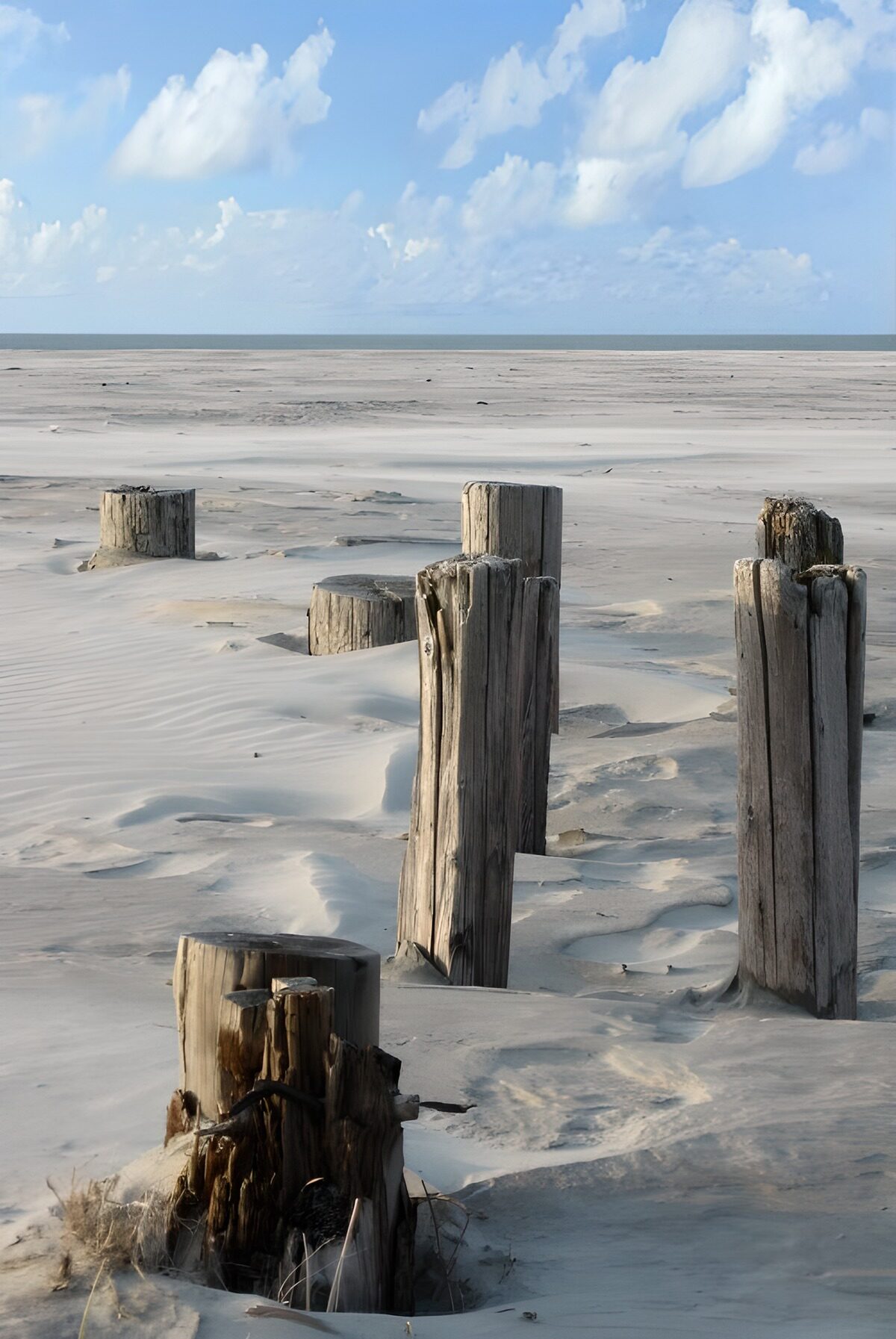 Postes de madera en una playa en calma